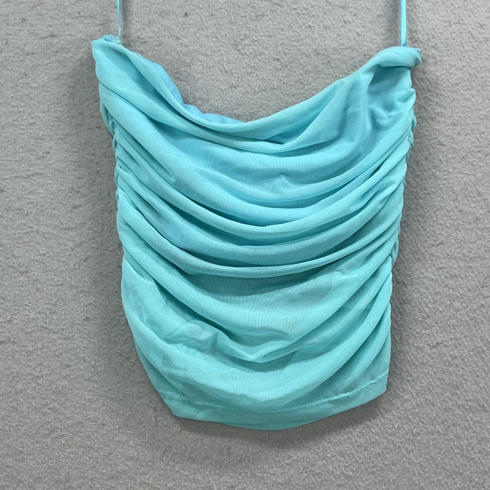 Victoria + Sophia Mini‎ Dress Womens Small Blue Ruched Cowl Neck Mesh Overlay